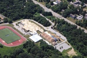  Aerial photograph of the hyperbolic paraboloid re-roofing at Connecticut College’s Dayton Arena. Don Couture Aerial Photography 