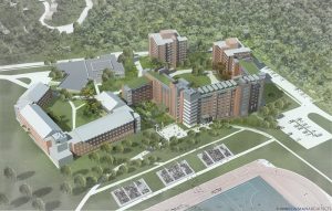 Aerial rendering of new STEM Residence Hall on UConn Campus - courtesy of Newman Architects