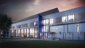 Dusk view of McGauvran Center at UMass Lowell (Rendering Bergmeyer Associates)