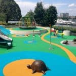 From sunrise to sundown, the playground at Baxter Riverfront Park is never without children playing on the various play structures, going down slides, or cooling down at the spitting frogs.