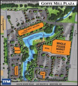 Site Plan of the Goffe Mill Plaza mixed-use development depicting the brook, dams and walking paths as the central feature of the plaza.