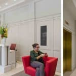Dramatic red accents were chosen to energize the neutral pallet: (l)Elevator Lobby (r)Reception Desk and Seating Area