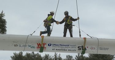 The beam placement at the new UMass Memorial Medical Center Satellite Emergency Facility marks the completion of the building’s primary structural framework_Image Courtesy of STV